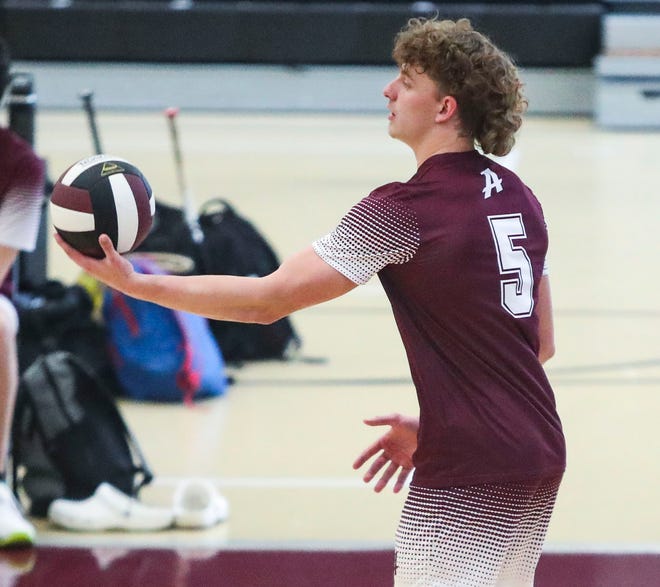 Appoquinimink's Edge von Brandt serves in the Jaguars' 3-0 win against Delaware Military at Appoquinimink, Wednesday, March 27, 2024.
