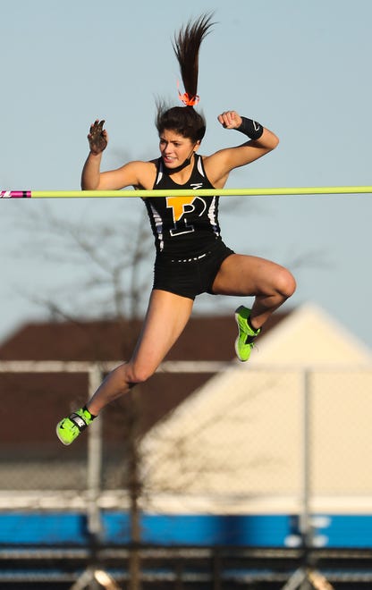 Padua's Erin Kelleher clears a vault on her way to winning the pole vault with a top height of 12 feet during the DIAA state indoor track and field championships at Dover High School Wednesday, March 3, 2021.