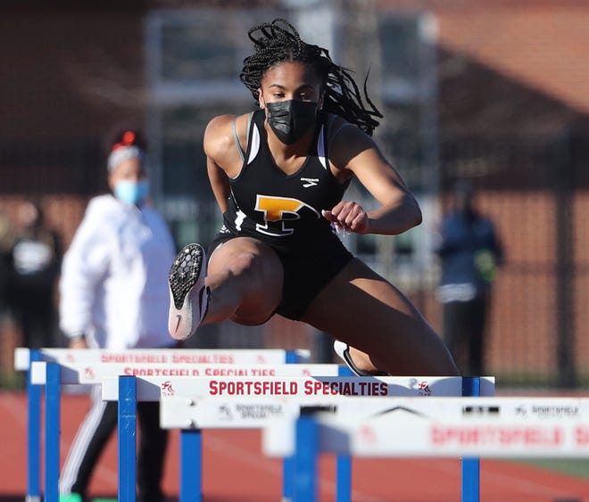 Padua's Jia Anderson wins the 55 meter hurdles during the DIAA state indoor track and field championships at Dover High School Wednesday, March 3, 2021.