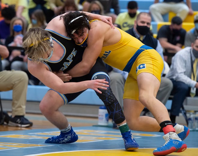 Sussex Central's Josh Negron (right) and Cape Henlopen's Dalton Deevey wrestle in the 182 pound championship match at the DIAA State Individual Wrestling Championship at Cape Henlopen High School Wednesday, March 3, 2021.