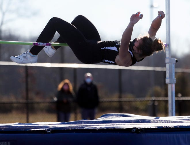 Padua's Mackenzie Sobczyk clears an attempt on her way to winning the high jump during the DIAA state indoor track and field championships at Dover High School Wednesday, March 3, 2021.