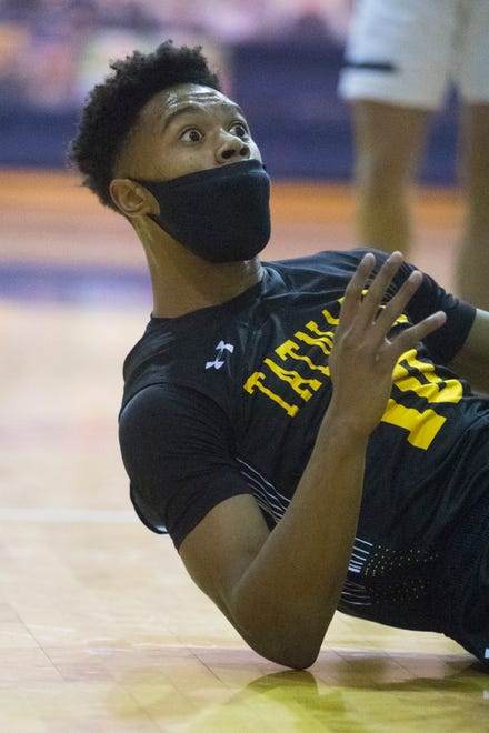 Tatnall's Omari Banks reacts to a call by the referee during their DIAA Boys Basketball Tournament quarterfinal game Tuesday, March 9, 2021. Salesianum defeated Tatnall 61-47.
